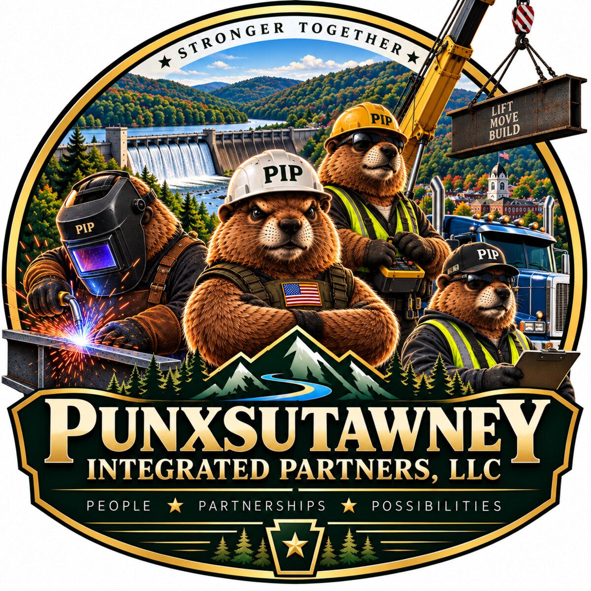 Punxsutawney Integrated Partners LLC emblem featuring Western Pennsylvania scenery, construction equipment, welding, hauling, and lifting
